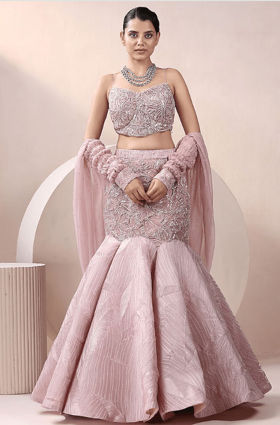 Pink Net & Organza Embellished Lehenga Set
