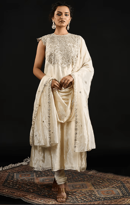 Ivory Tissue Bead Embroidered Anarkali Set