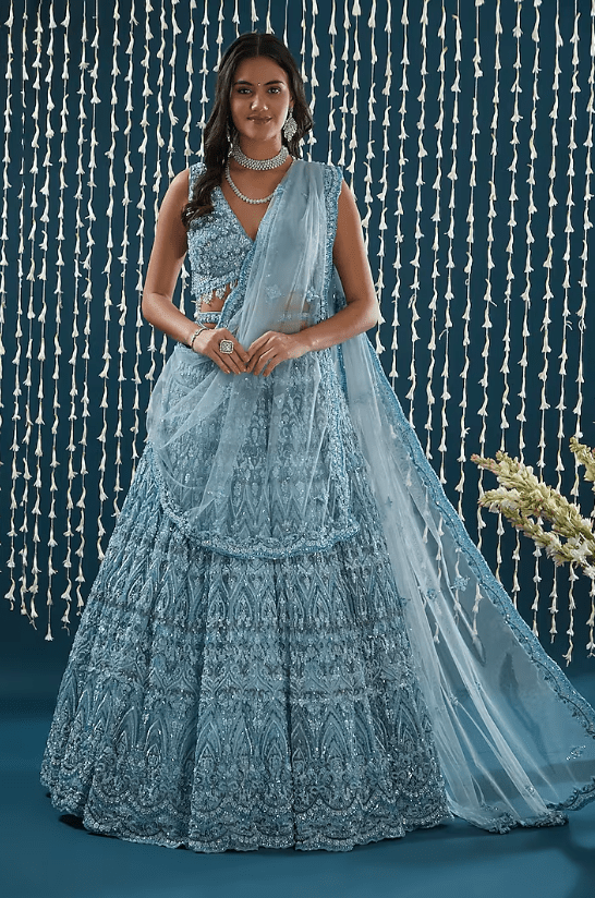 Powder Blue Tulle Sequins Embroidered Lehenga Set