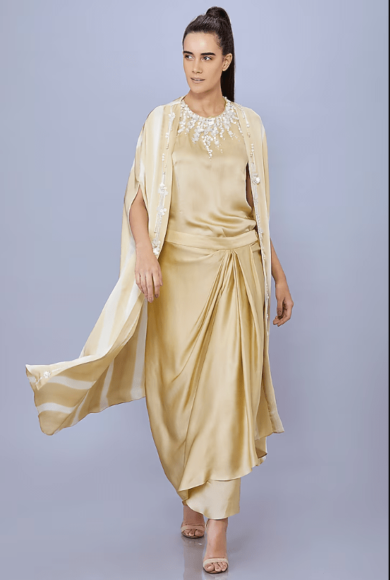 Gold Blended Satin Tie-Dyed Cape Set