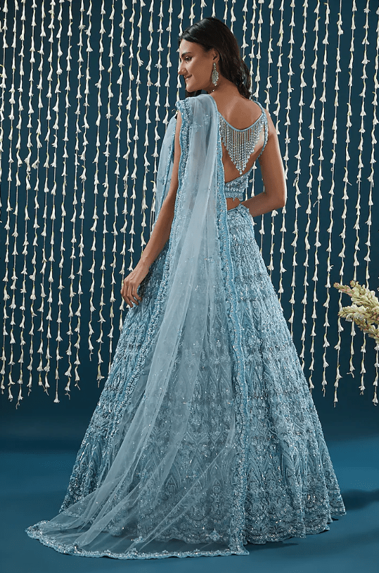 Powder Blue Tulle Sequins Embroidered Lehenga Set - Image 2