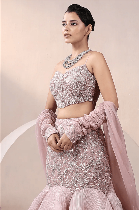 Pink Net & Organza Embellished Lehenga Set - Image 3