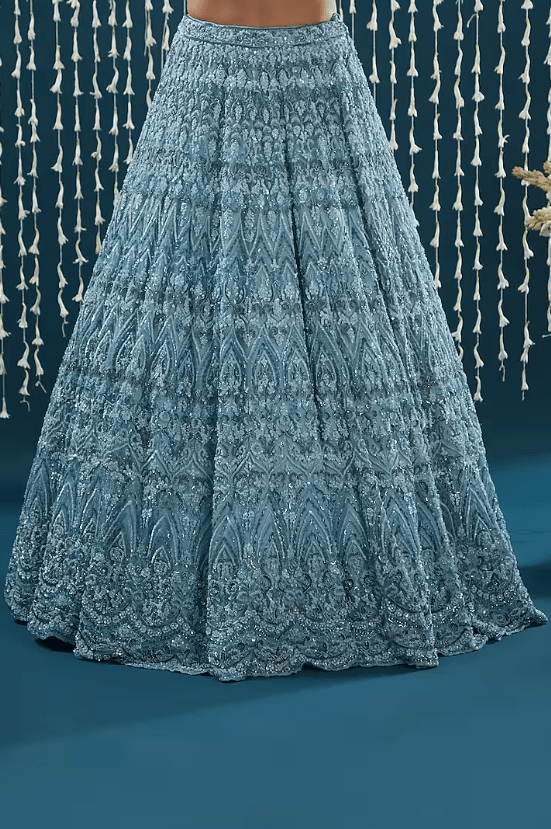Powder Blue Tulle Sequins Embroidered Lehenga Set - Image 3