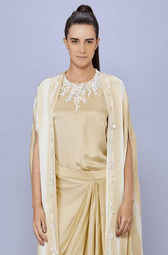 Gold Blended Satin Tie-Dyed Cape Set - Image 3