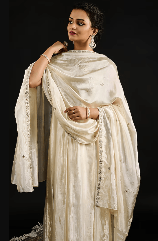 Ivory Tissue Bead Embroidered Anarkali Set - Image 4