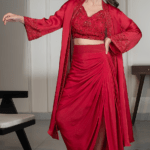 Red Satin Crepe Embellished Cape Set