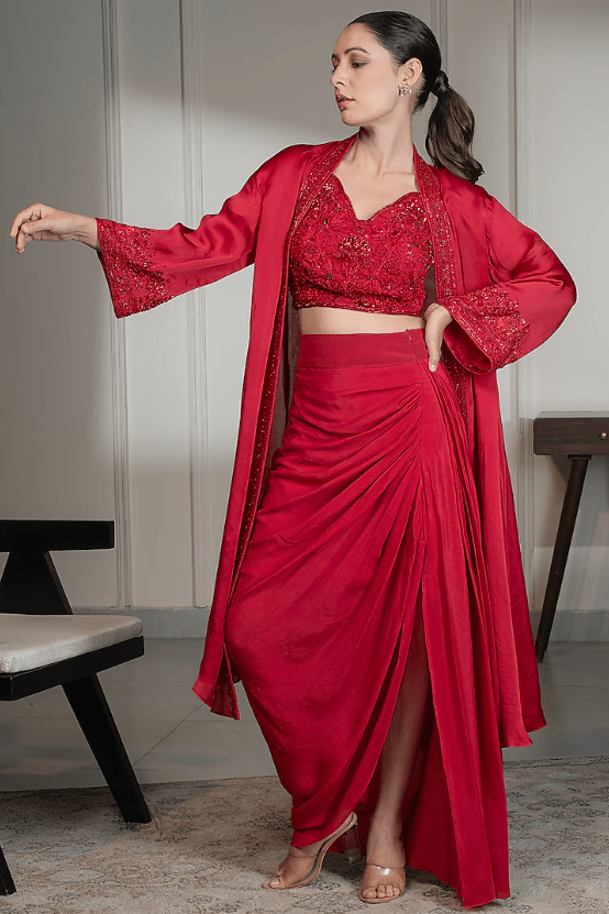 Red Satin Crepe Embellished Cape Set