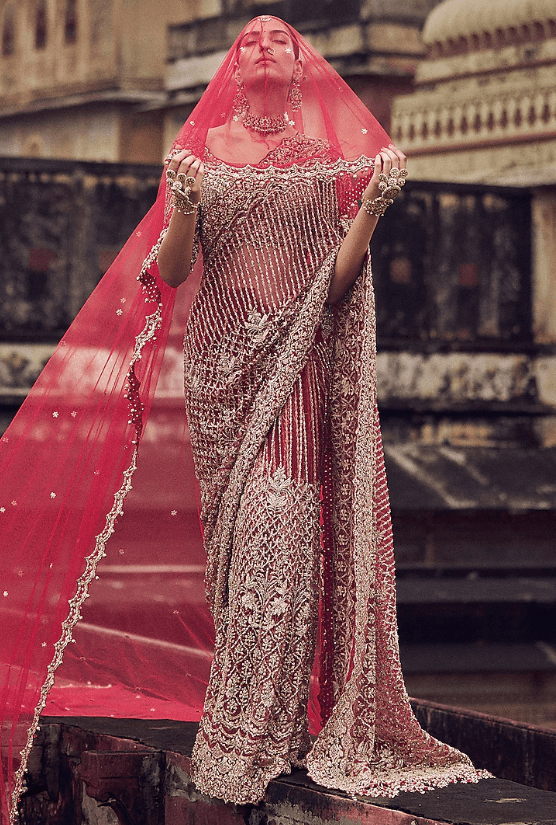 Maroon Net Dabka & Sequins Embroidered Saree Set