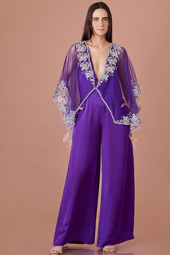 Purple Blended Satin Jumpsuit With Embroidered Kaftan