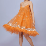 Orange Net & Polyester Satin Mirror Embroidered Camisole Mini Dress