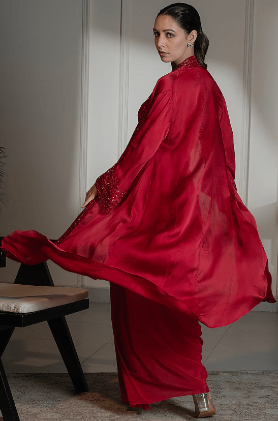 Red Satin Crepe Embellished Cape Set - Image 2