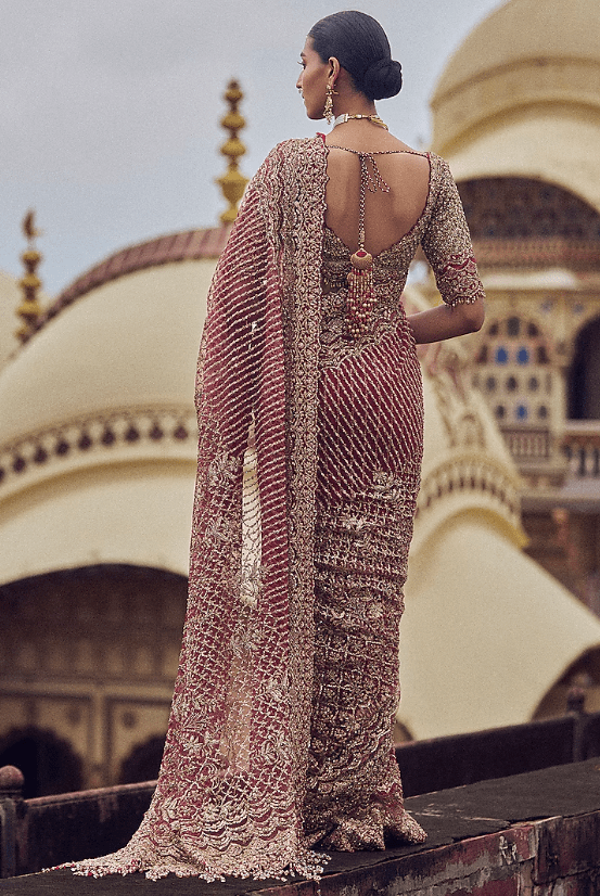 Maroon Net Dabka & Sequins Embroidered Saree Set - Image 2