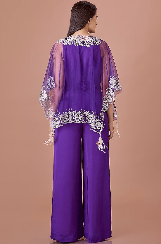 Purple Blended Satin Jumpsuit With Embroidered Kaftan - Image 2