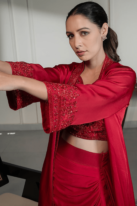 Red Satin Crepe Embellished Cape Set - Image 3