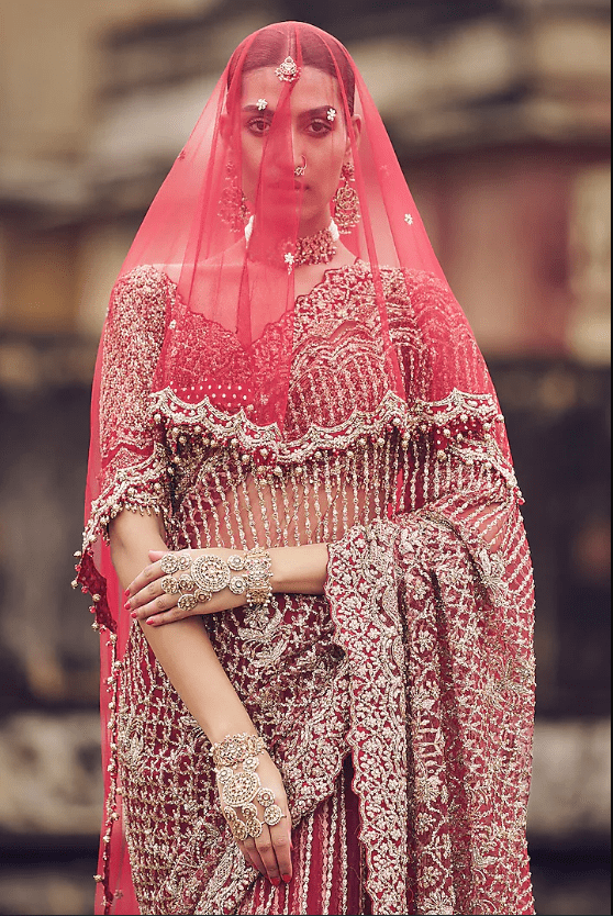 Maroon Net Dabka & Sequins Embroidered Saree Set - Image 3