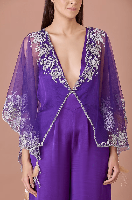 Purple Blended Satin Jumpsuit With Embroidered Kaftan - Image 3