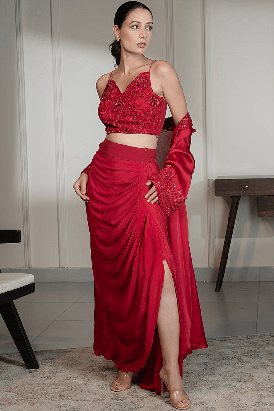 Red Satin Crepe Embellished Cape Set - Image 4