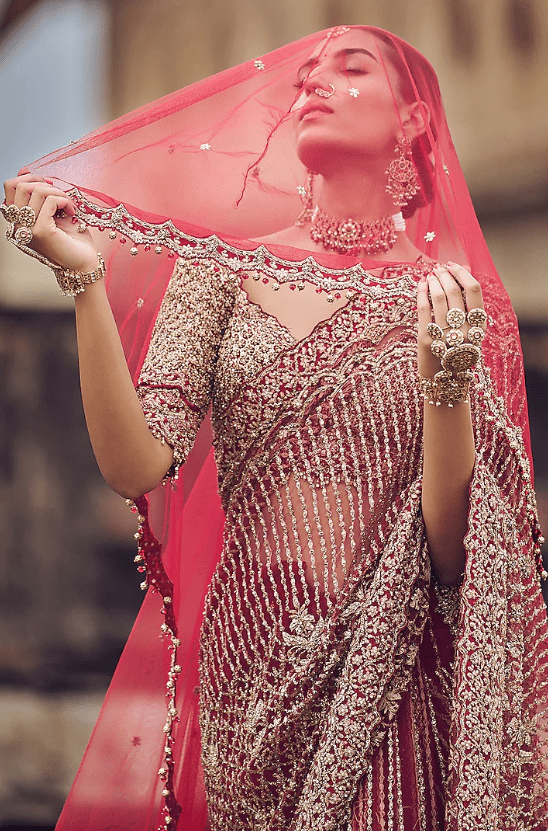 Maroon Net Dabka & Sequins Embroidered Saree Set - Image 4