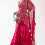 Fuschia Organza & Chiffon Pearl Embroidered Tiered Lehenga Saree Set