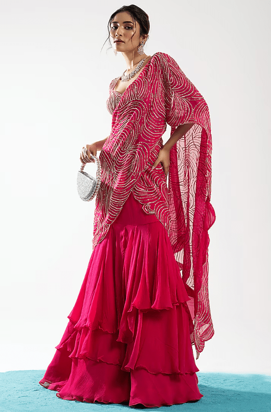 Fuschia Organza & Chiffon Pearl Embroidered Tiered Lehenga Saree Set