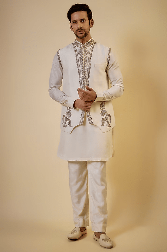 Ivory Cotton Silk & Slub Silk Embroidered Nehru Jacket Set