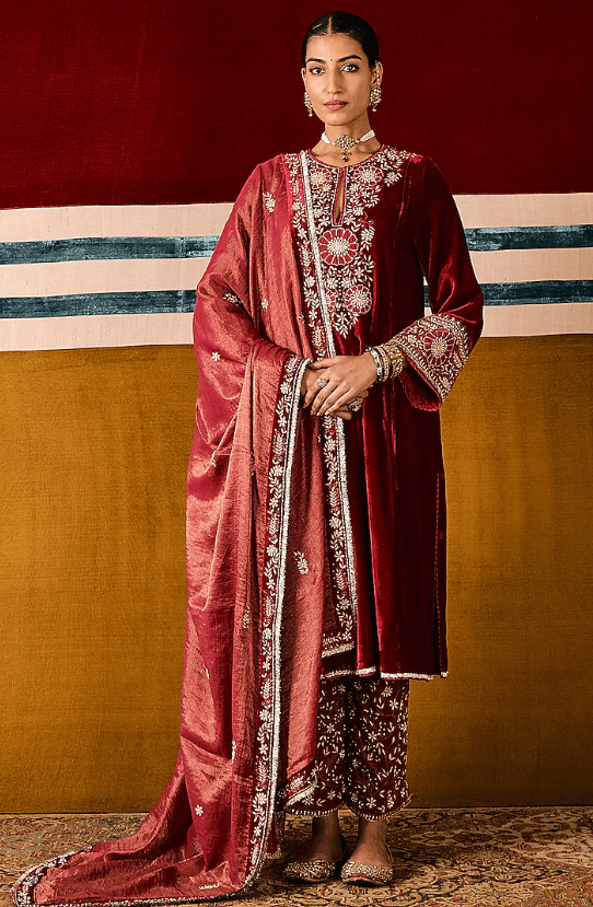 Deep Red Silk Velvet Applique Work Kurta Set