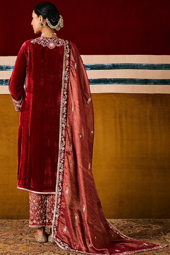 Deep Red Silk Velvet Applique Work Kurta Set - Image 2