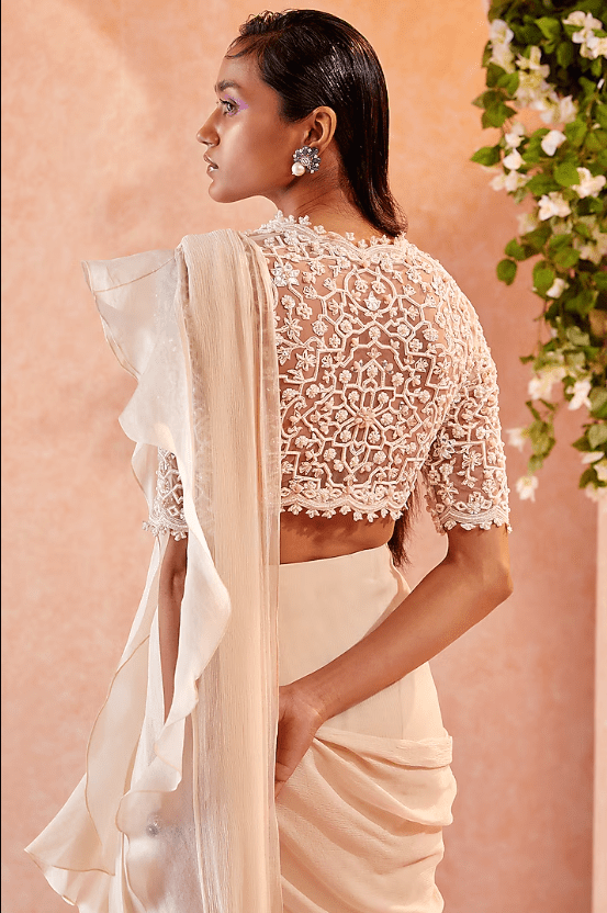 Dirty Ivory Ruffled Draped Saree Set - Image 2