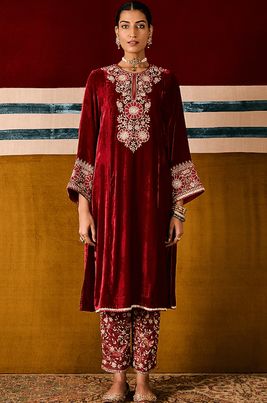 Deep Red Silk Velvet Applique Work Kurta Set - Image 3