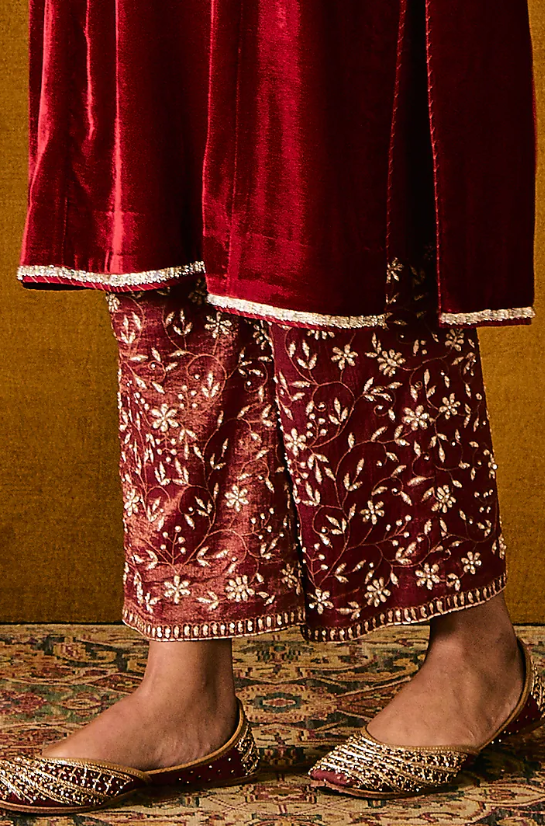Deep Red Silk Velvet Applique Work Kurta Set - Image 4