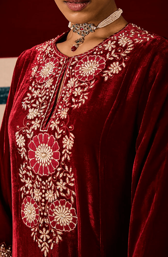Deep Red Silk Velvet Applique Work Kurta Set - Image 5