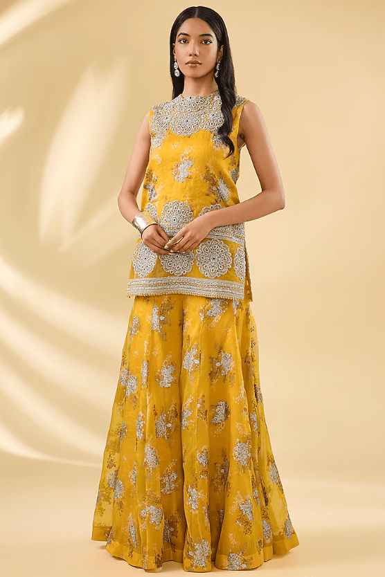 Haldi Yellow Organza & Net Printed Sharara Set