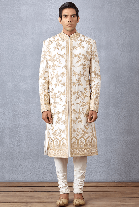 Ivory Slub Silk & Cotton Silk Hand Embroidered Sherwani Set