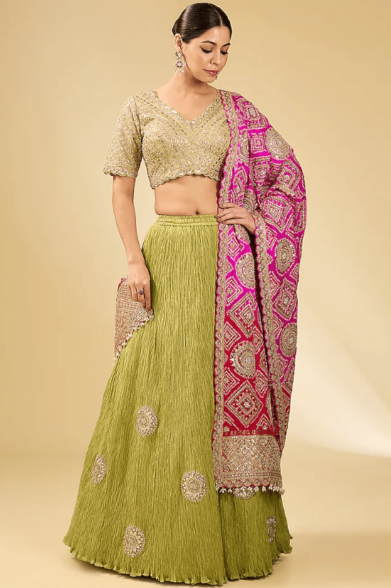 Green Crushed & Silk Lehenga Set