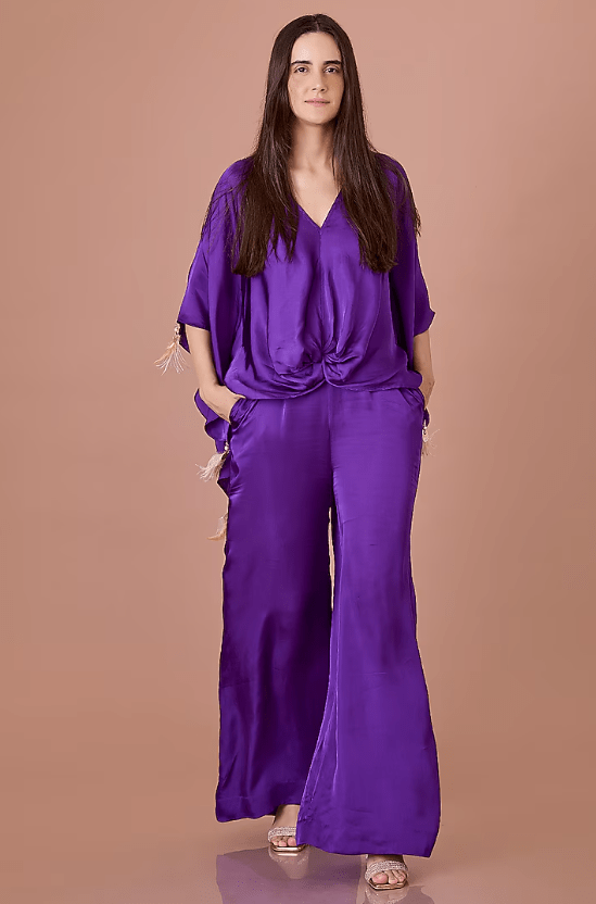 Purple Blended Satin Jumpsuit With Kaftan