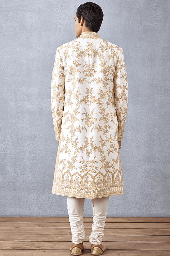 Ivory Slub Silk & Cotton Silk Hand Embroidered Sherwani Set - Image 2