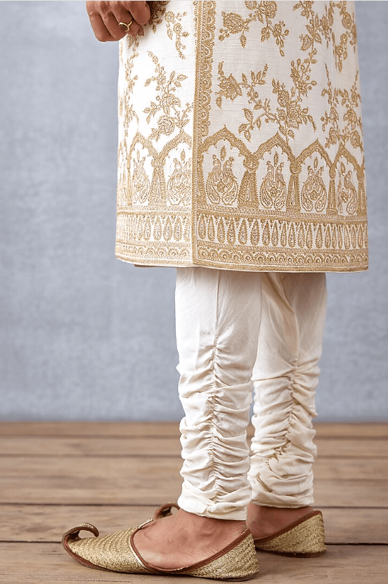 Ivory Slub Silk & Cotton Silk Hand Embroidered Sherwani Set - Image 3