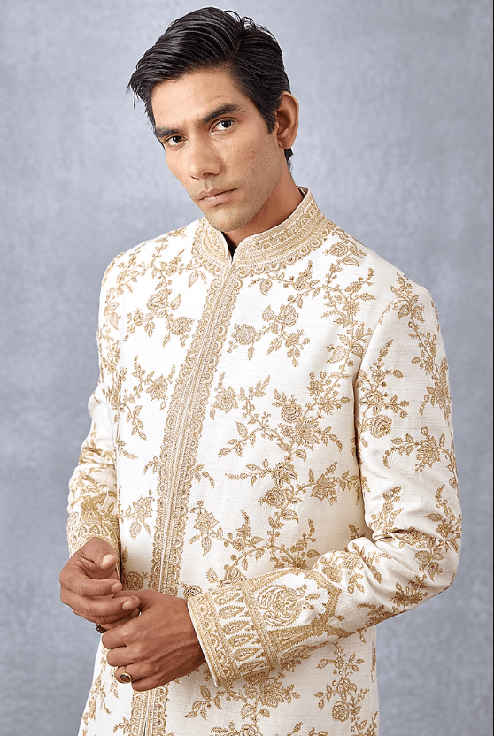 Ivory Slub Silk & Cotton Silk Hand Embroidered Sherwani Set - Image 4