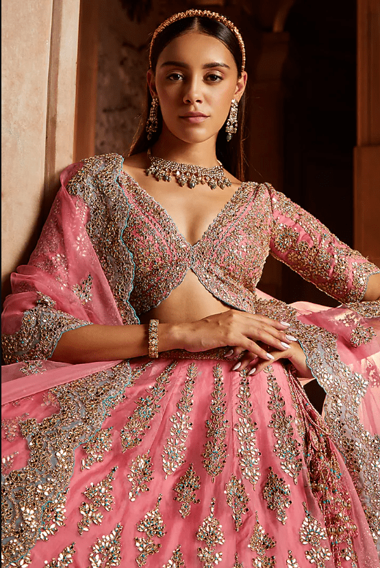 Rose Pink Organza Gota Embroidered Lehenga Set - Image 4