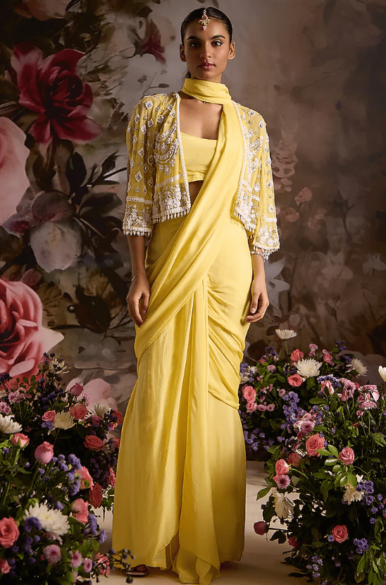 Yellow Chiffon Pre-Draped Saree Set