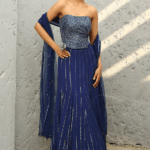 Deep Blue Georgette & Raw Silk Sequins Embroidered Gusset Skirt Set