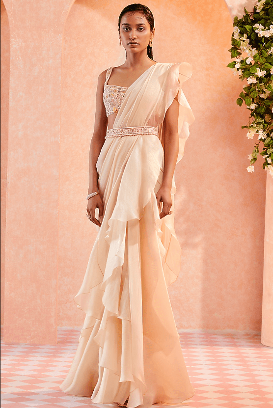 Dirty Ivory Chiffon Ruffled Draped Saree Set