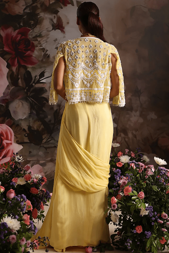 Yellow Chiffon Pre-Draped Saree Set - Image 2
