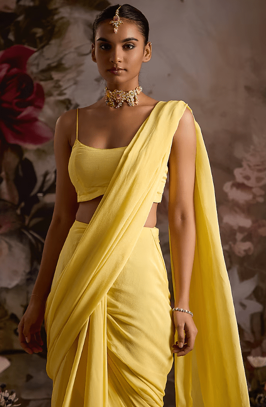 Yellow Chiffon Pre-Draped Saree Set - Image 3