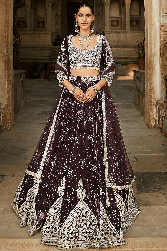Plum Velvet Embroidered Lehenga Set
