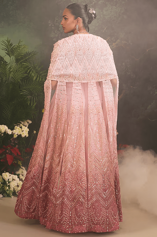 Pink Ombre Organza Embellished Cape Set - Image 2