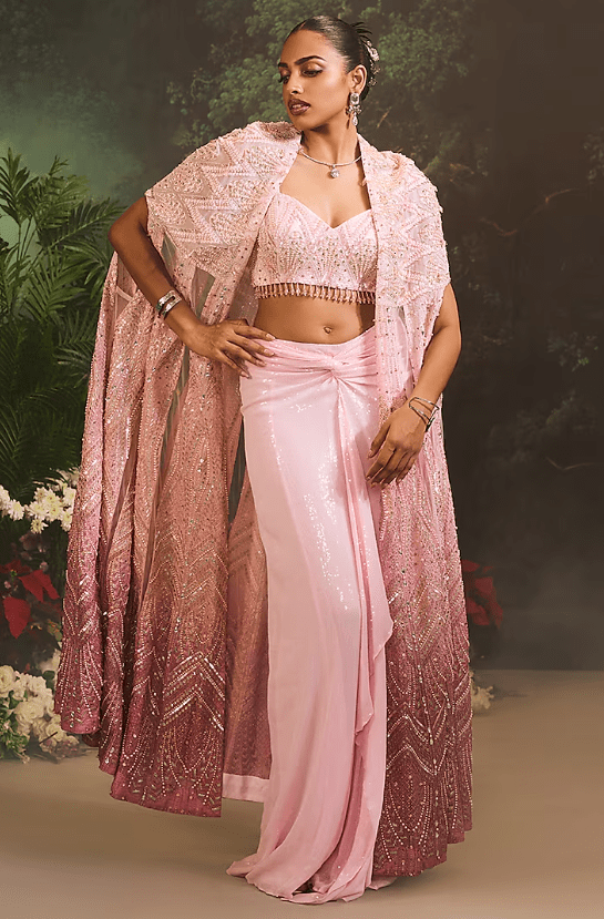 Pink Ombre Organza Embellished Cape Set - Image 3