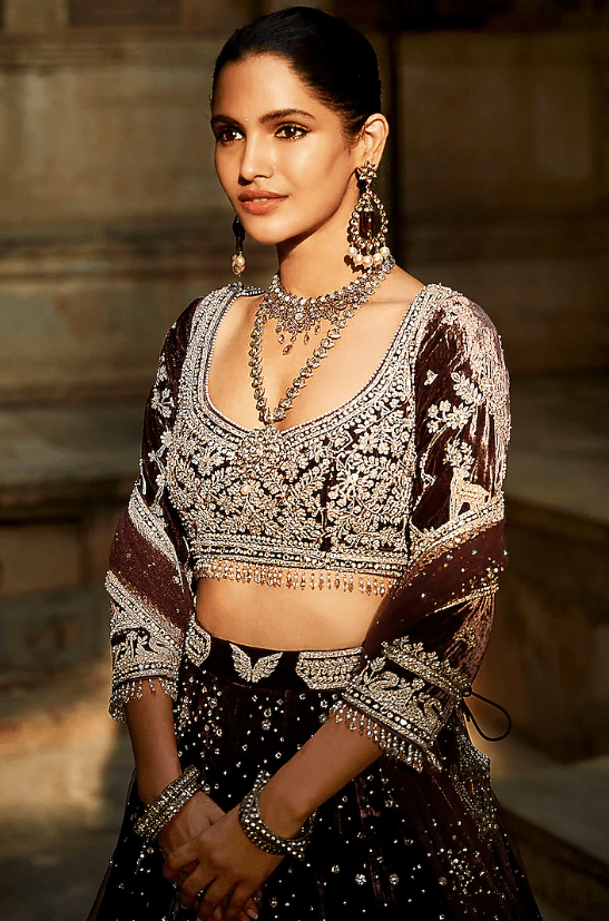 Plum Velvet Embroidered Lehenga Set - Image 3