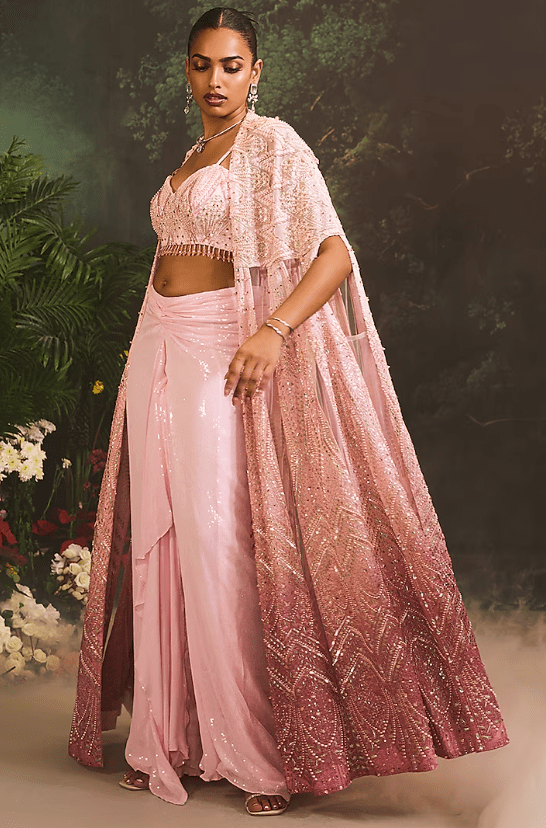 Pink Ombre Organza Embellished Cape Set - Image 4