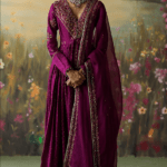 Aubergine Silk Chanderi Printed & Embroidered Anarkali Set